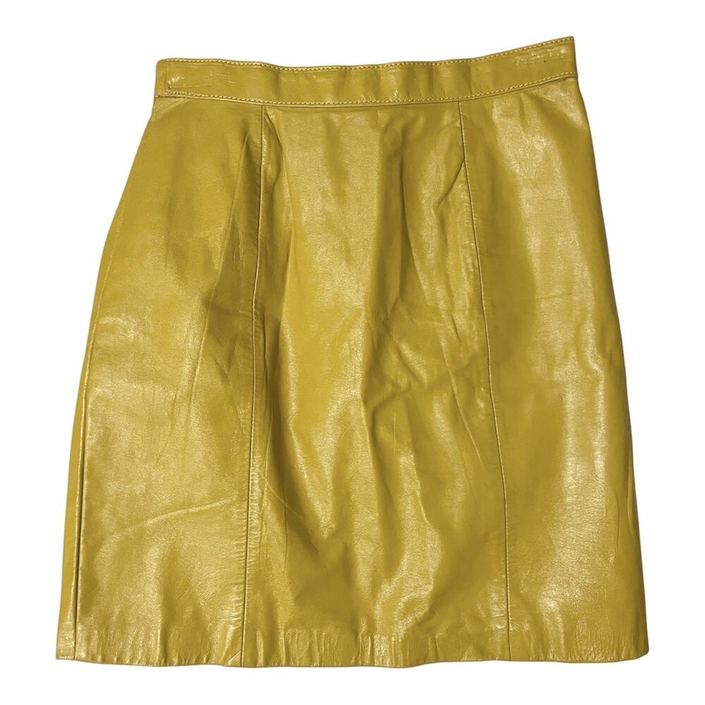Vintage 70s Leather Mini Skirt Size 11-12 Juniors Yellow Gold Lined Pencil Retro